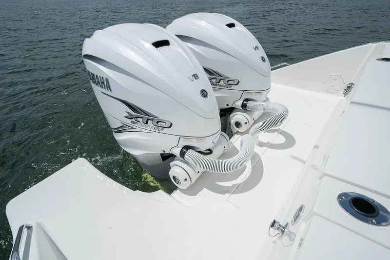 Slide: The Image of 2025 Pursuit S 358 boat with twin Yamaha XTO outboard engines. - 24
