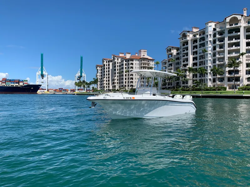 Slide: The Image of Century 2600CC boat on water near luxury waterfront buildings, 2006 model. - 4
