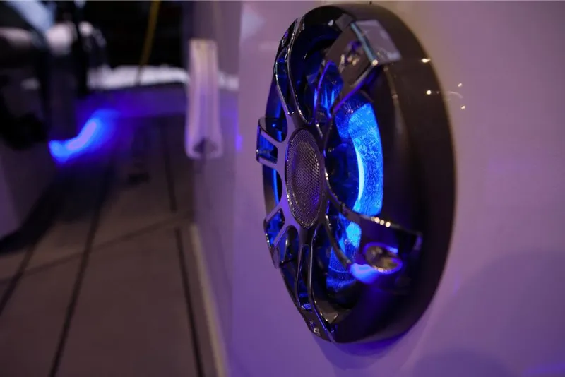 Slide: The Image of Close-up of illuminated speaker on 2023 Saxdor 320 GTO boat. - 35