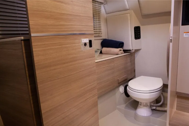 Slide: The Image of Modern bathroom interior of 2023 Saxdor 320 GTO boat with wooden finishes. - 41