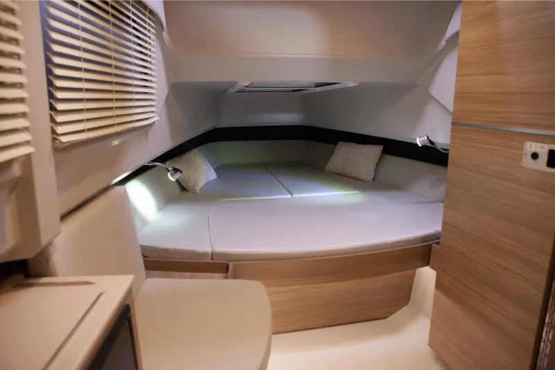Slide: The Image of Interior cabin of 2023 Saxdor 320 GTO with modern furnishings and cozy bed. - 45