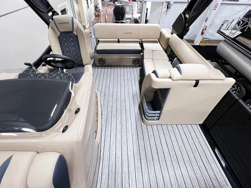Slide: The Image of 2024 Harris 250 Grand Mariner V10 400 interior with luxurious seating and modern design. - 12