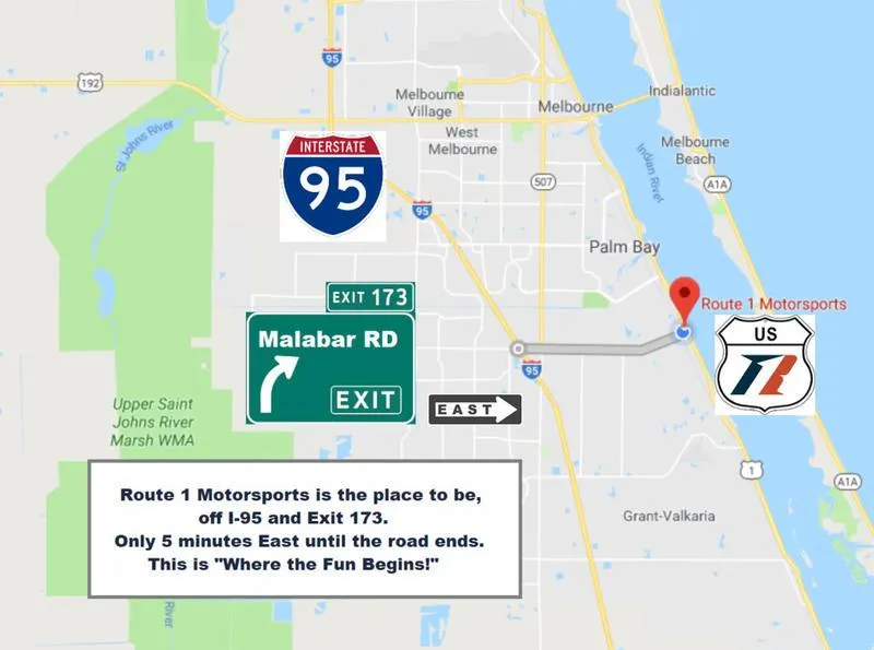 Slide: The Image of Map showing directions to Route 1 Motorsports from I-95 Exit 173 via Malabar Road. - 34