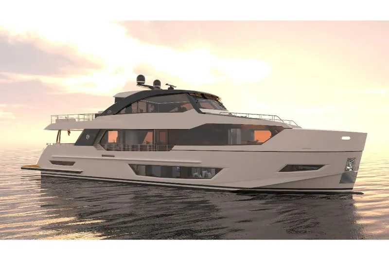 Slide: The Image of 2023 Ocean Alexander 27R luxury yacht at sunset on calm waters. - 0