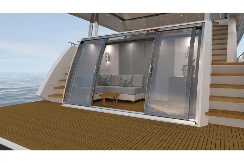 Slide: The Image of Ocean Alexander 27R 2023 yacht with sliding glass doors and teak deck. - 10