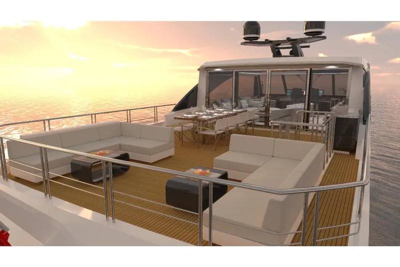 Slide: The Image of Luxurious 2023 Ocean Alexander 27R yacht with spacious outdoor seating and dining area at sunset. - 11