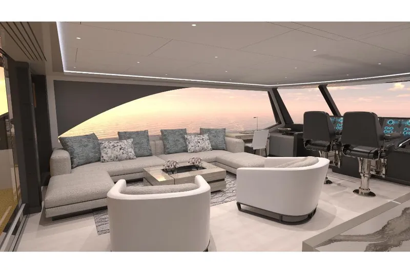 Slide: The Image of Luxurious interior of 2023 Ocean Alexander 27R yacht with modern seating and panoramic ocean view. - 12