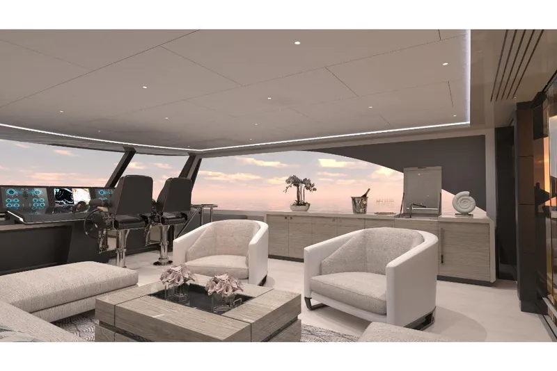 Slide: The Image of Luxurious interior of 2023 Ocean Alexander 27R yacht with modern seating and panoramic views. - 13