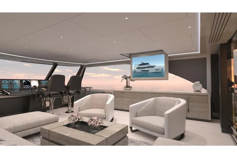 Slide: The Image of Luxurious interior of 2023 Ocean Alexander 27R yacht with modern furnishings and panoramic views. - 14