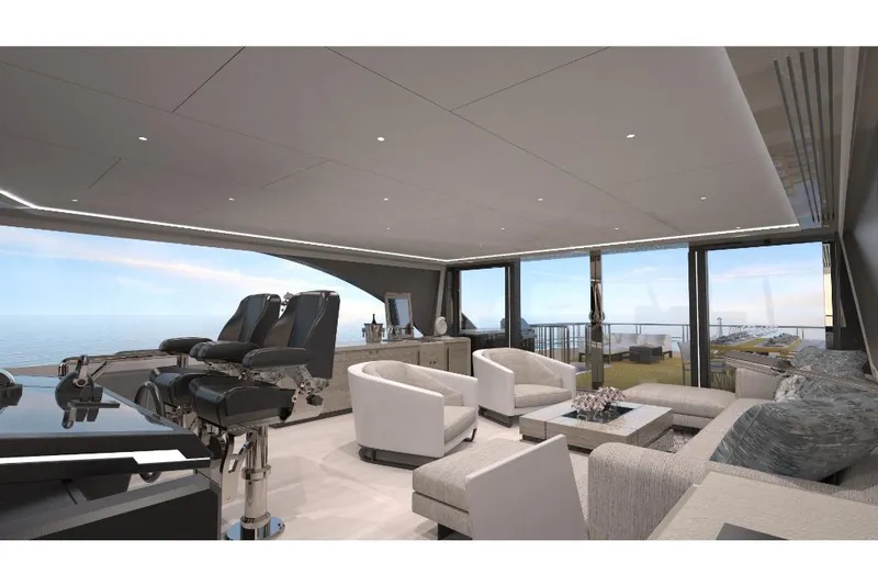 Slide: The Image of Luxurious interior of the 2023 Ocean Alexander 27R yacht with modern seating and panoramic windows. - 19