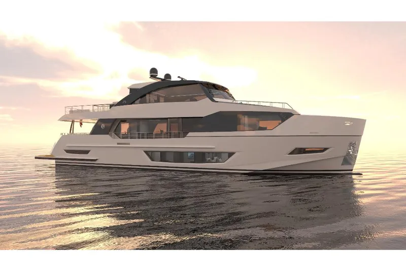 Slide: The Image of 2023 Ocean Alexander 27R luxury yacht at sunset on calm waters. - 2