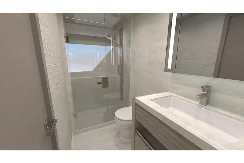 Slide: The Image of Modern bathroom in 2023 Ocean Alexander 27R yacht with glass shower and sleek vanity. - 23