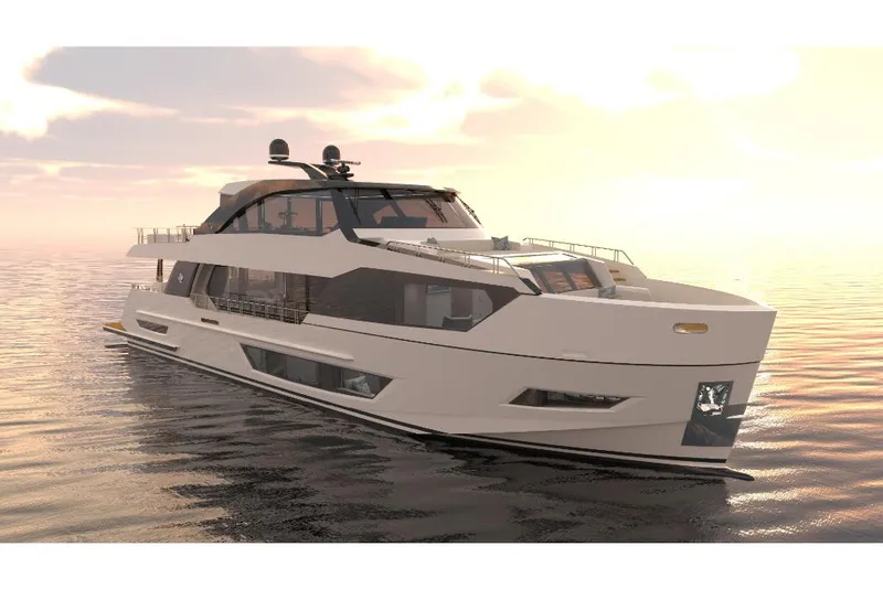Slide: The Image of 2023 Ocean Alexander 27R luxury yacht at sunset on calm waters. - 3