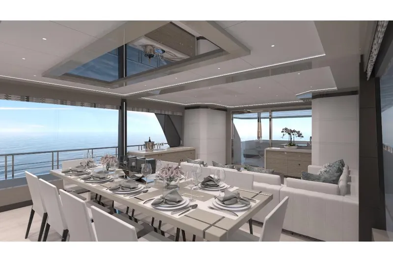 Slide: The Image of Luxurious dining area on the 2023 Ocean Alexander 27R yacht with ocean views. - 30