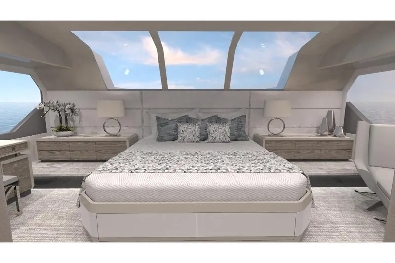 Slide: The Image of Luxurious master bedroom in 2023 Ocean Alexander 27R yacht with panoramic windows. - 32