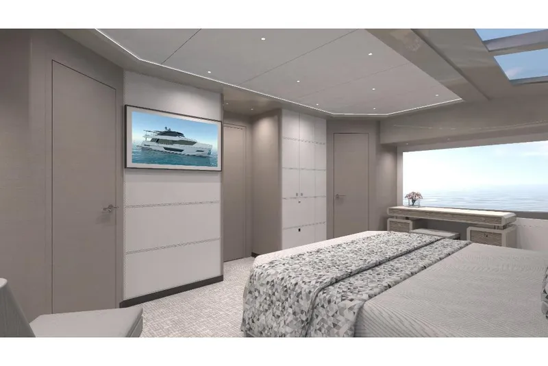 Slide: The Image of Luxurious bedroom interior of 2023 Ocean Alexander 27R yacht with ocean view. - 35