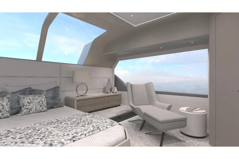 Slide: The Image of Luxurious bedroom interior of 2023 Ocean Alexander 27R yacht with ocean view. - 36