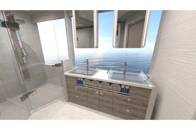 Slide: The Image of Luxury bathroom on 2023 Ocean Alexander 27R yacht with dual sinks and ocean view. - 38