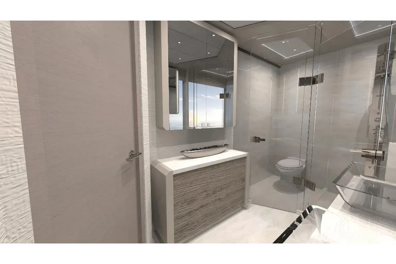 Slide: The Image of Modern bathroom on the 2023 Ocean Alexander 27R yacht with sleek fixtures and glass shower. - 39