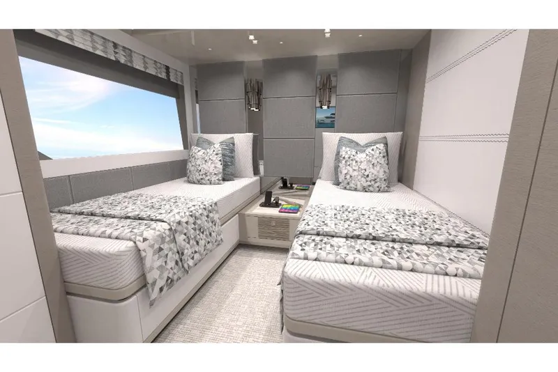 Slide: The Image of Luxury twin bedroom on 2023 Ocean Alexander 27R yacht with modern decor. - 42