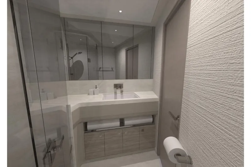 Slide: The Image of Modern bathroom in 2023 Ocean Alexander 27R yacht with sleek fixtures and ample storage. - 44