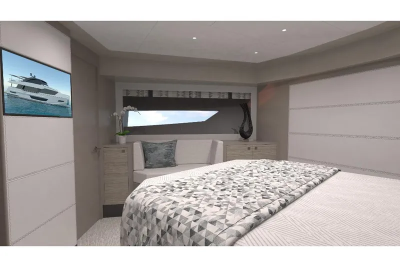 Slide: The Image of Luxurious bedroom interior of 2023 Ocean Alexander 27R yacht with modern decor. - 48