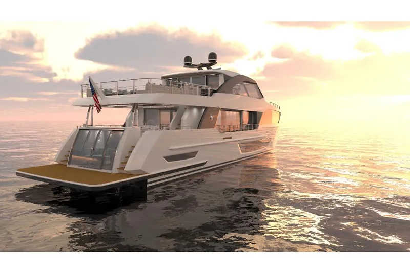 Slide: The Image of 2023 Ocean Alexander 27R luxury yacht at sunset on calm waters. - 6