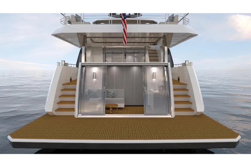 Slide: The Image of 2023 Ocean Alexander 27R yacht stern view with teak deck and sliding glass doors. - 8
