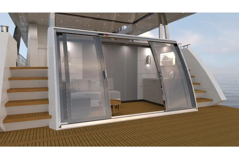 Slide: The Image of Ocean Alexander 27R 2023 yacht with sliding glass doors and teak deck. - 9