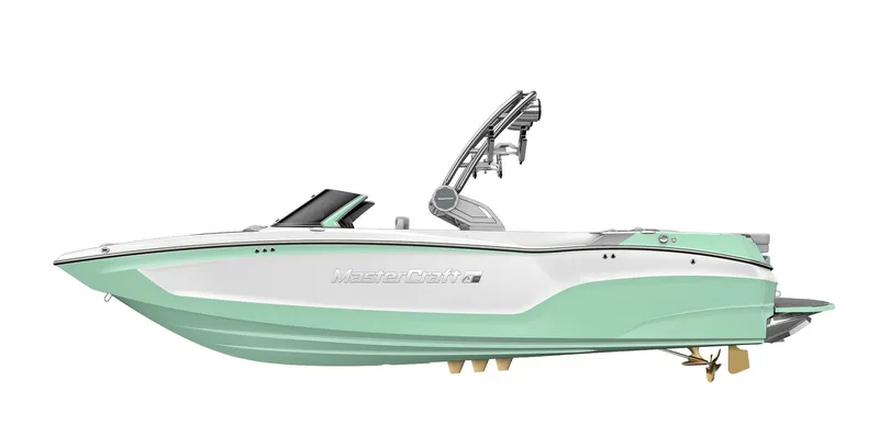 Slide: The Image of 2023 MasterCraft XT24 boat with mint green and white exterior. - 18