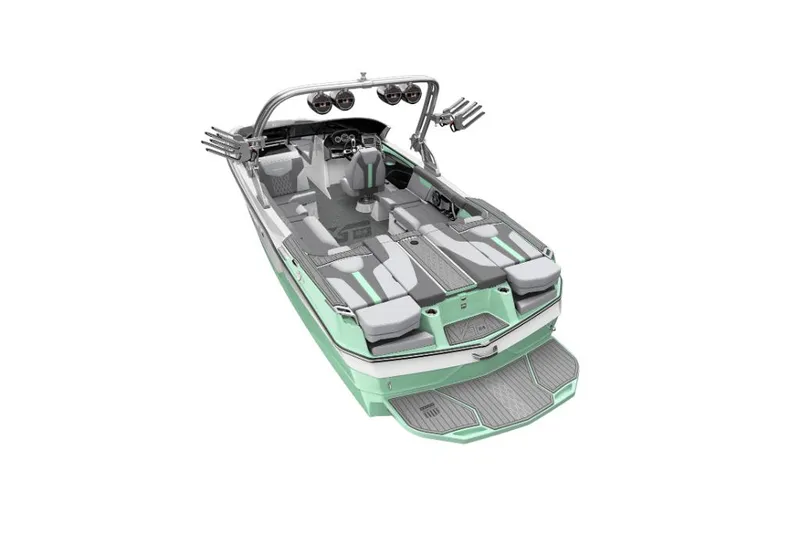 Slide: The Image of 2023 MasterCraft XT24 boat, mint green and gray interior, top view. - 21