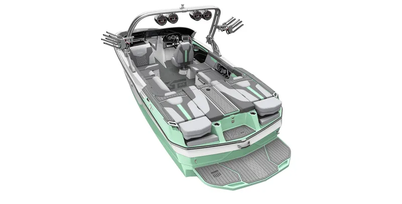 Slide: The Image of 2023 MasterCraft XT24 boat with modern interior and advanced features. - 22