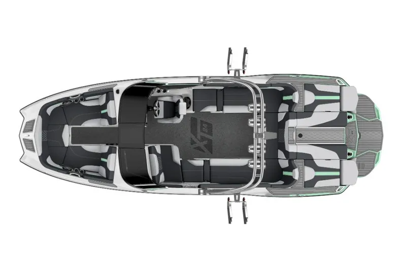 Slide: The Image of 2023 MasterCraft XT24 boat interior, top view, showcasing seating and layout. - 23