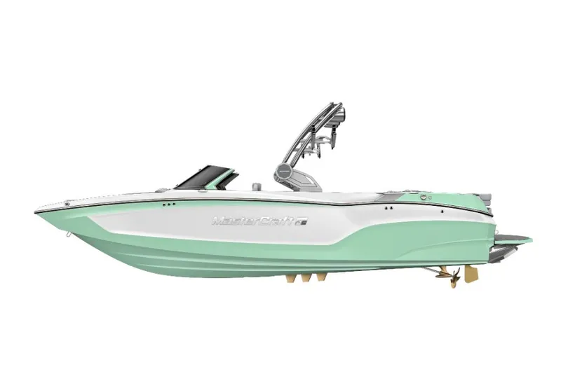 Slide: The Image of 2023 MasterCraft XT24 boat, side view, mint green and white color scheme. - 40