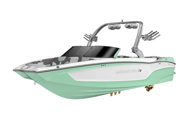 Slide: The Image of 2023 MasterCraft XT24 boat with mint green and white exterior. - 42