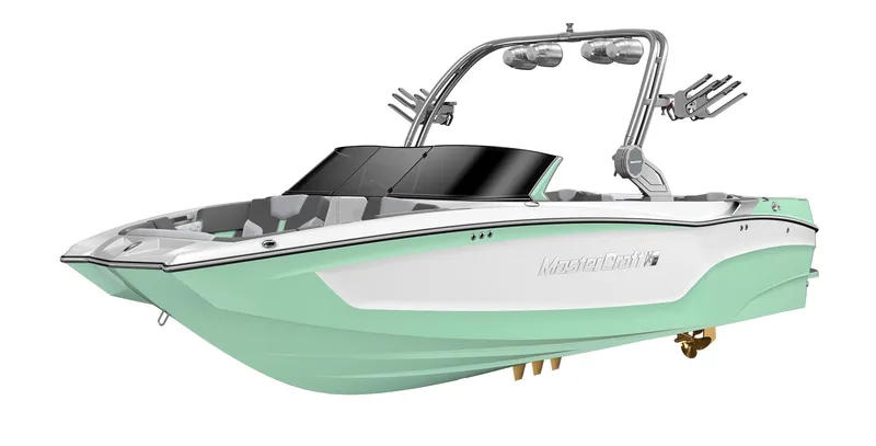 Slide: The Image of 2023 MasterCraft XT24 boat with mint green and white exterior. - 43