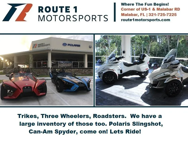 Slide: The Image of Route 1 Motorsports dealership showcasing trikes, three-wheelers, and roadsters. - 23