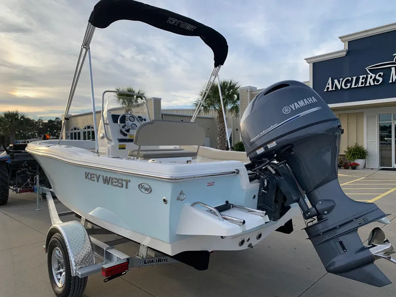 Slide: The Image of 2024 Key West 179 FS boat with Yamaha outboard motor at Anglers Marine. - 2