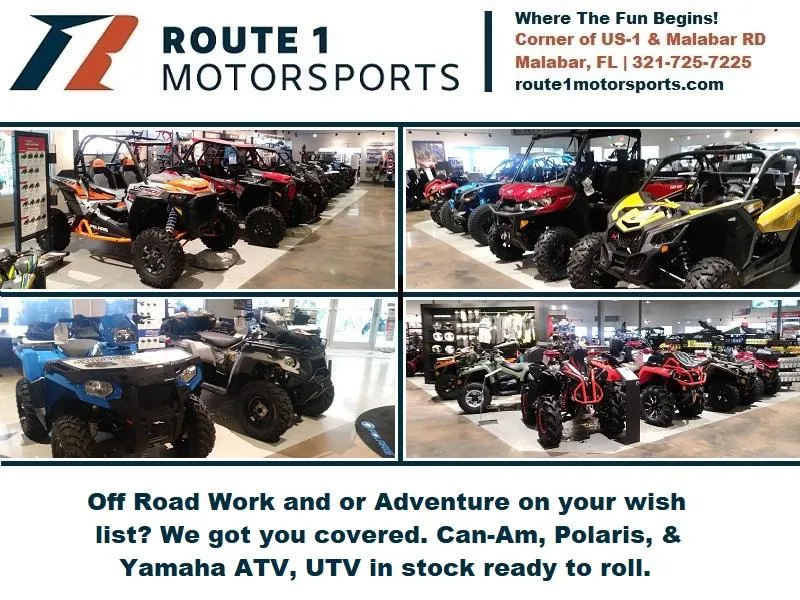 Slide: The Image of Route 1 Motorsports showroom with Can-Am, Polaris, and Yamaha ATVs and UTVs in stock. - 16