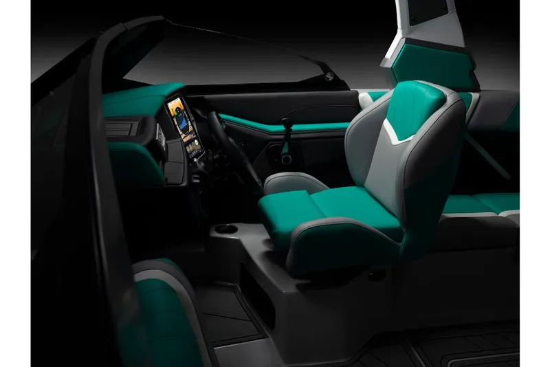 Slide: The Image of 2023 Tigé 24RZX boat interior with teal and gray seating. - 14