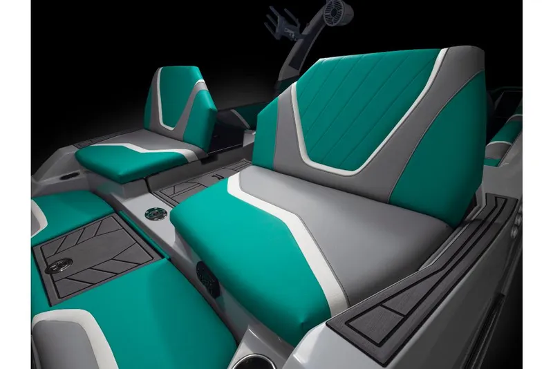 Slide: The Image of 2023 Tigé 24RZX boat interior with teal and gray seating. - 9