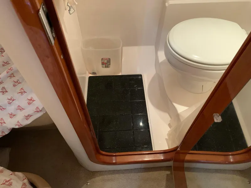 Slide: The Image of 2009 Regal 4460 yacht bathroom with toilet and black tiled floor. - 46