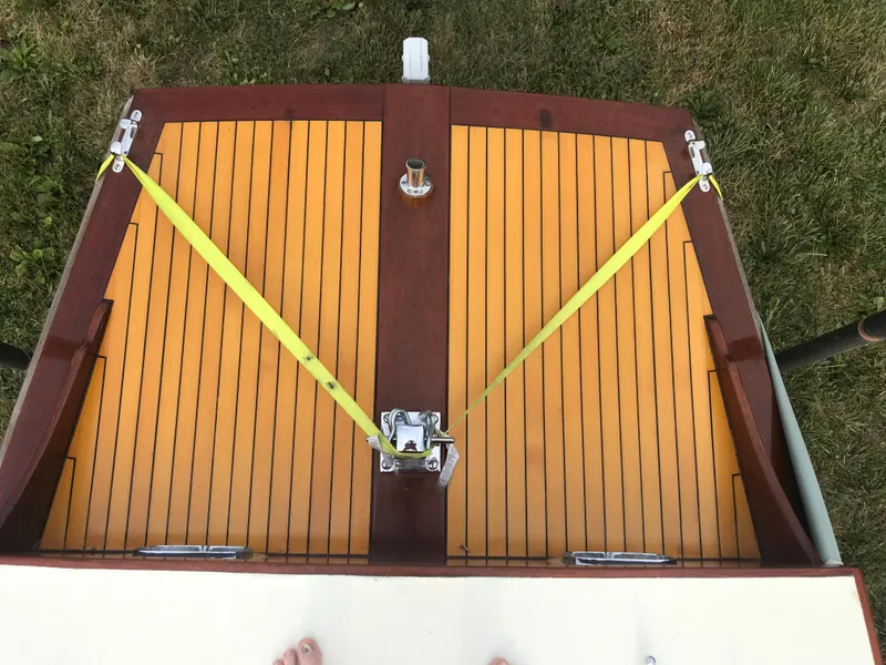 Slide: The Image of Classic 2002 Jesperson/Zimmer Design boat deck with yellow straps and wooden finish. - 10