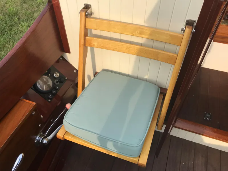 Slide: The Image of Wooden boat seat with blue cushion, Classic Jesperson/Zimmer Design, 2002 model. - 14