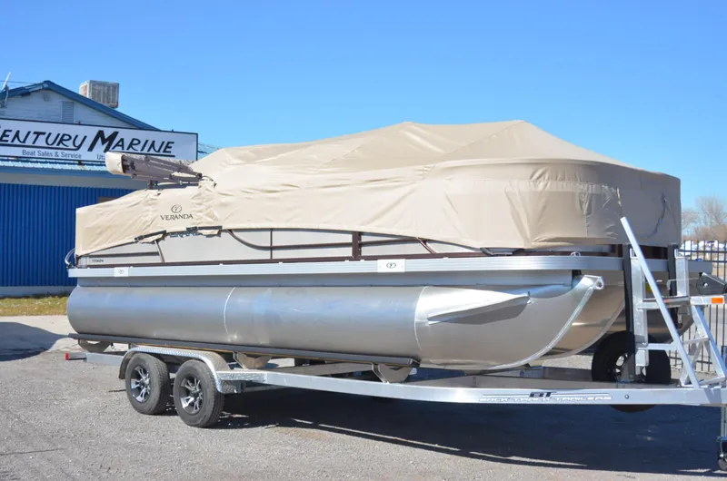 Slide: The Image of 2022 Veranda VF20F4 pontoon boat on trailer with cover at Ventury Marine. - 3