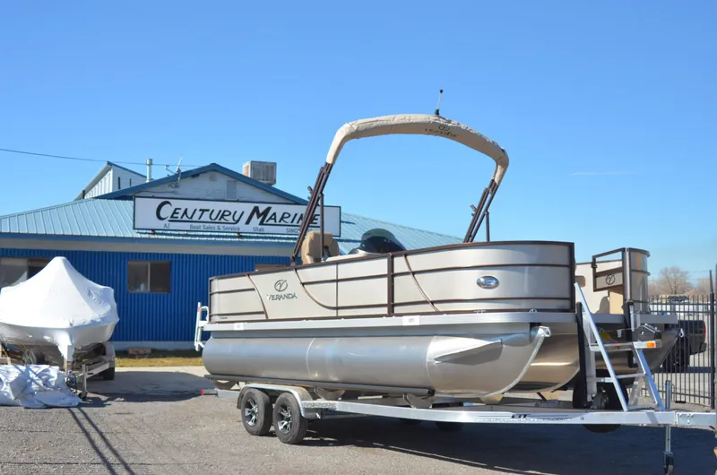 Slide: The Image of 2022 Veranda VF20F4 pontoon boat on trailer at Century Marine dealership. - 7