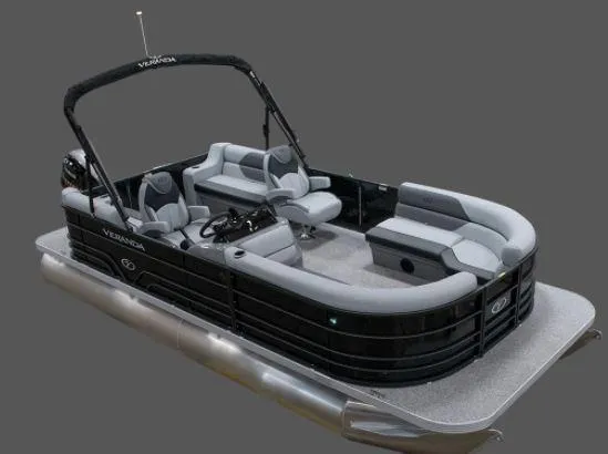 Slide: The Image of 2022 Veranda VISTA VIEW 22RC pontoon boat with black exterior and gray seating. - 0