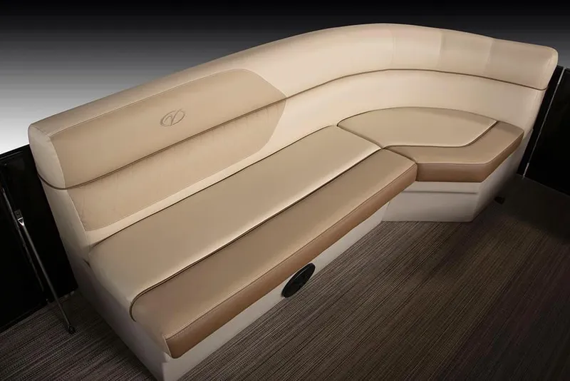 Slide: The Image of 2022 Veranda VISTA VIEW 22RC boat interior seating with beige and tan upholstery. - 11