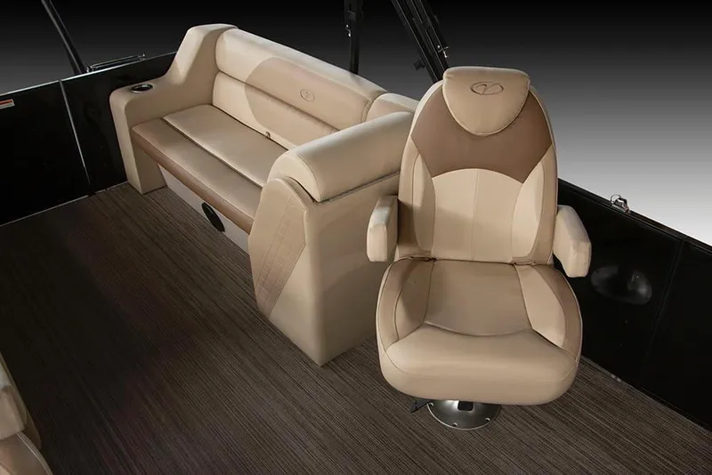 Slide: The Image of 2022 Veranda VISTA VIEW 22RC boat interior with beige seating and flooring. - 15