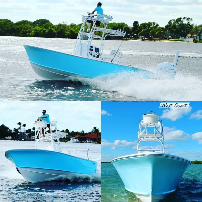 Slide: The Image of 2017 Stuart 25 West Coast boat cruising on water, showcasing sleek design and vibrant blue color. - 18